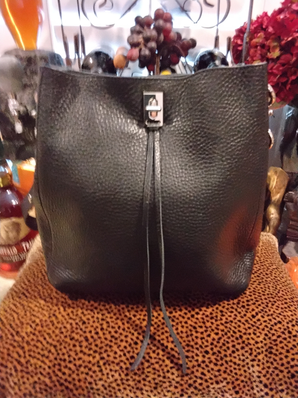 Rebecca Minkoff Black Pebbled Leather Shoulder Bag with Tassel